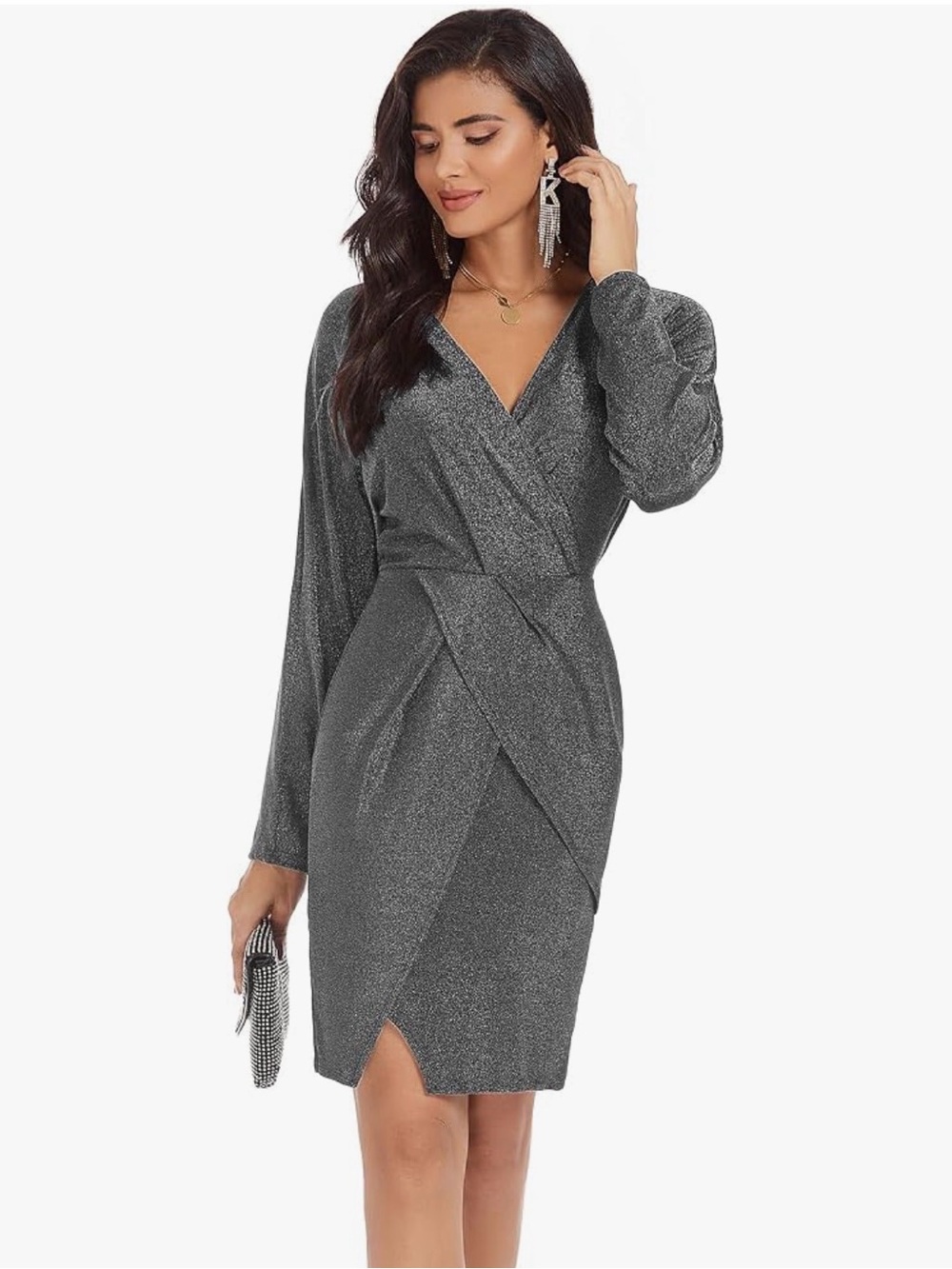 ✨ NWOT Grace Karin Sparkly Wrap Dress – Women’s Medium – Silver/Black Shimmer